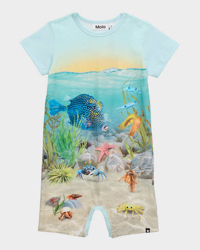 Boy's Finn Ocean-Print Romper, Size 6M-18